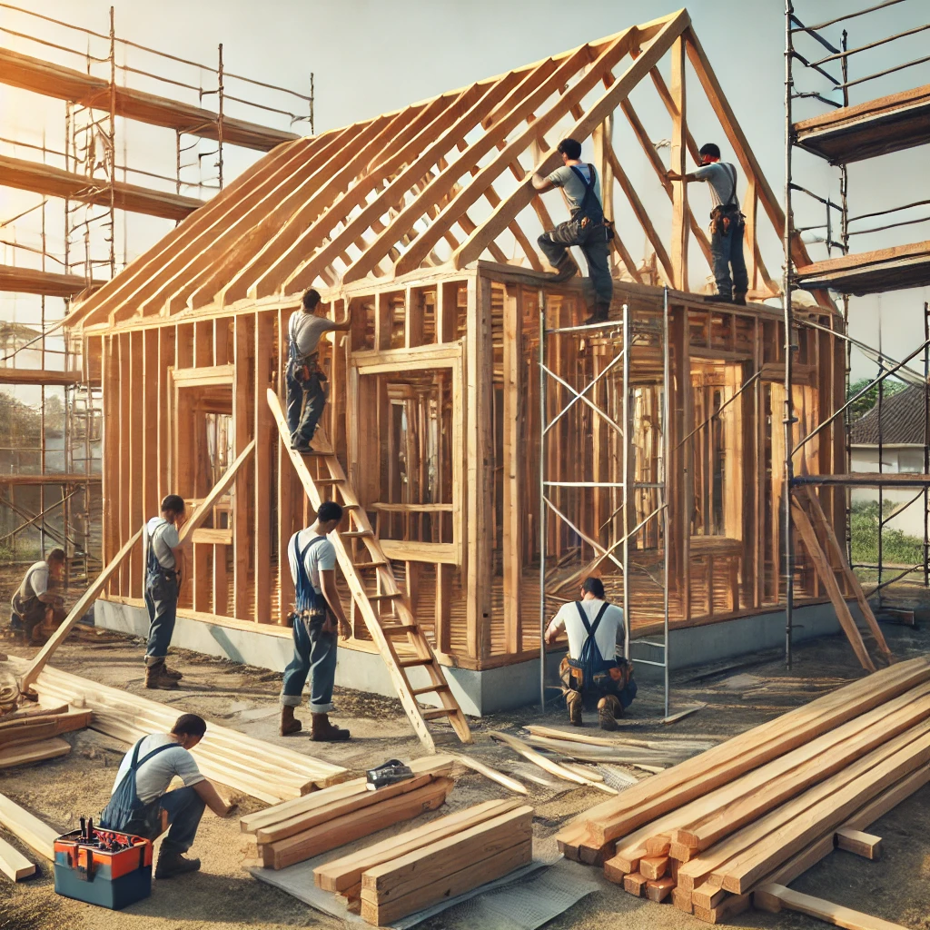 Construction workers assembling a wooden house frame